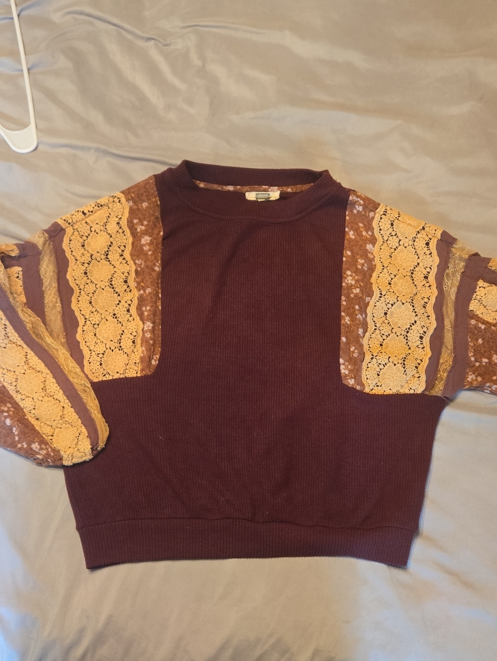 gimmicks by BKE Burgundy Marigold Lace-Accent Crewneck Sweater